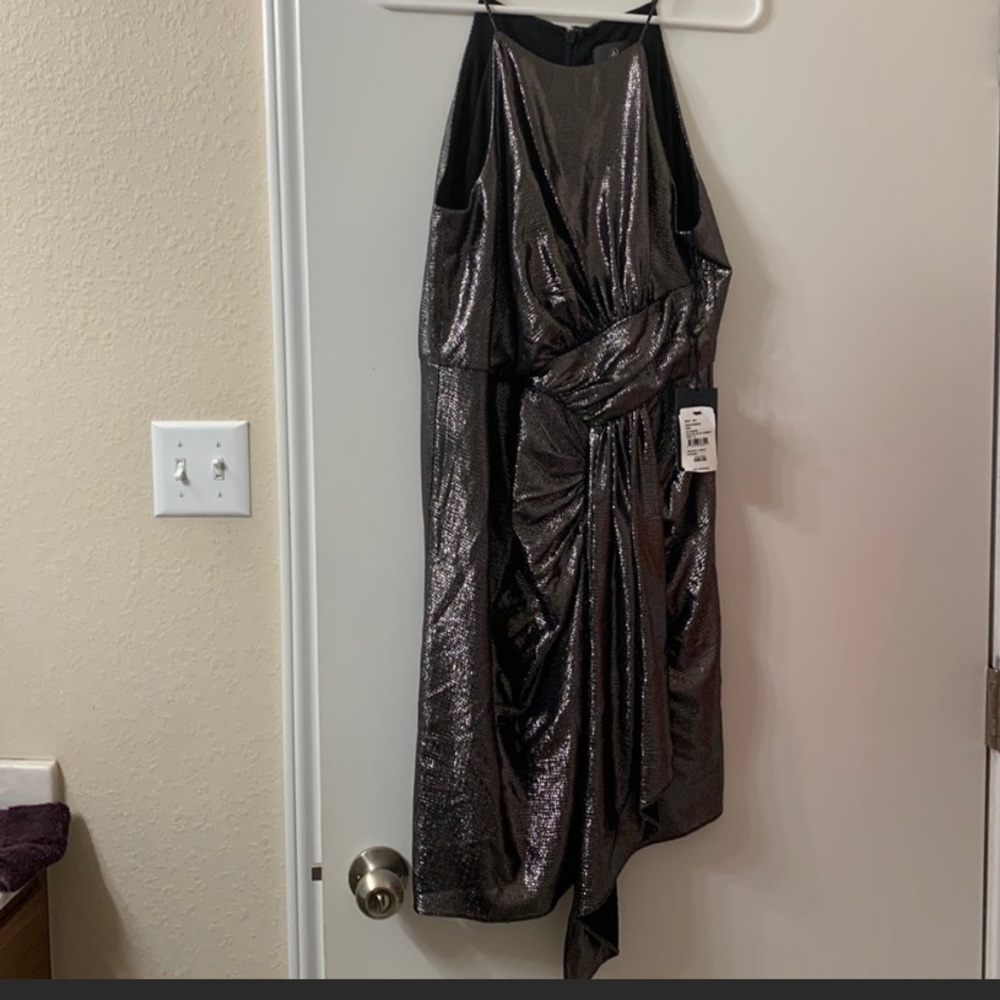 Adrianna Papell Metallic Gunmetal Halter Cocktail Dress